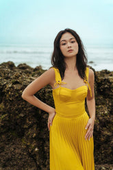 Pleated Bustier Midi Dress in Lightweight Crepe with Structured Bodice and Tie Straps